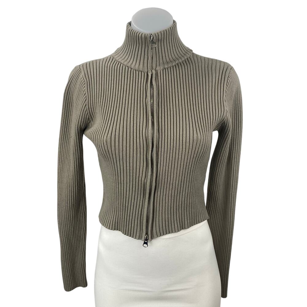 Edikted Olive Green Turtleneck Ribbed Knit Long Sleeve Zip Up Crop Sweater Sz M